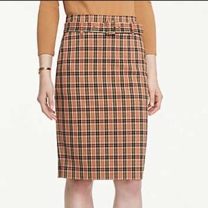 NWT Ann Taylor Black Orange Cream Plaid Belted Pencil Skirt 10